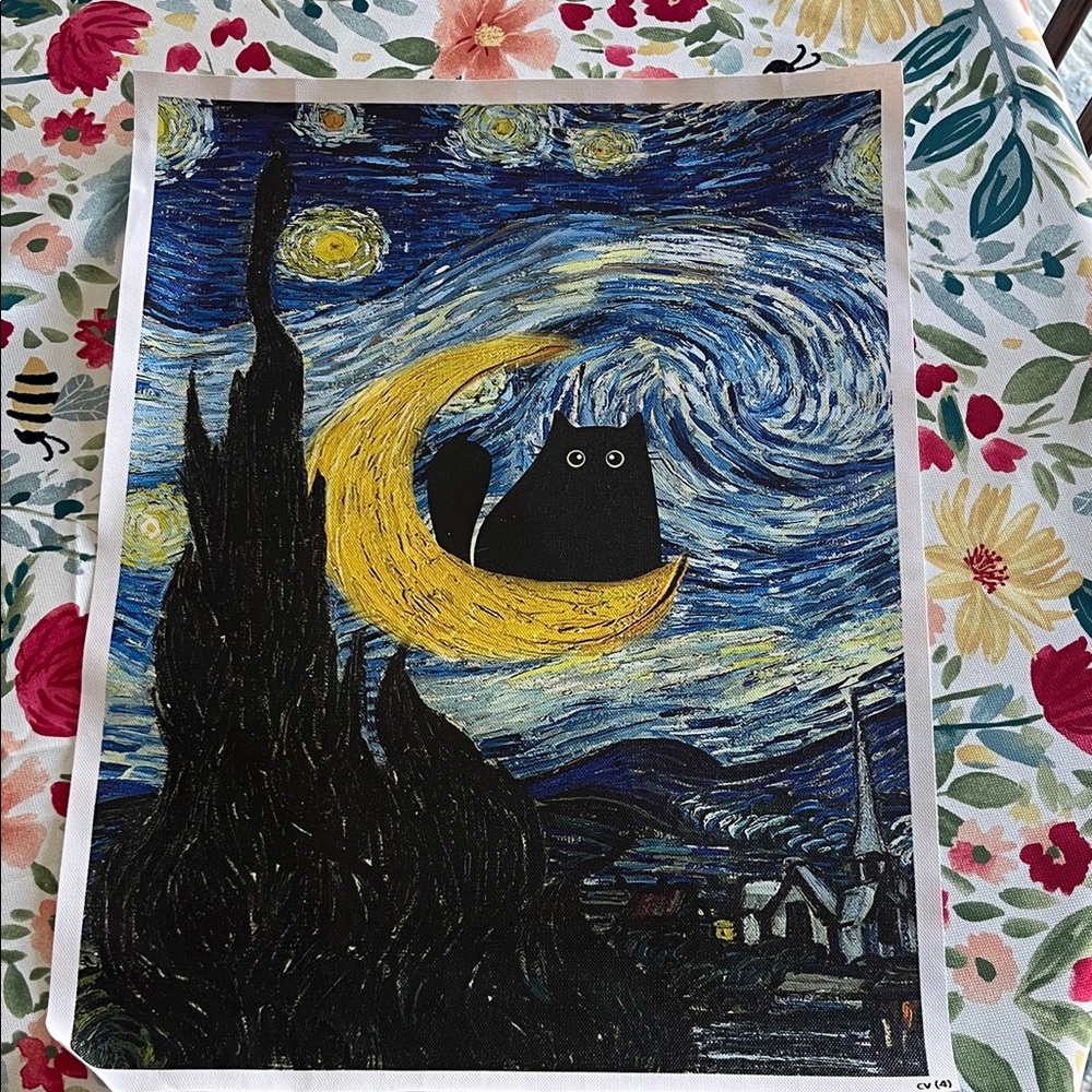 Black Cat on Crescent Moon Starry Night Art Print - Black, Yellow